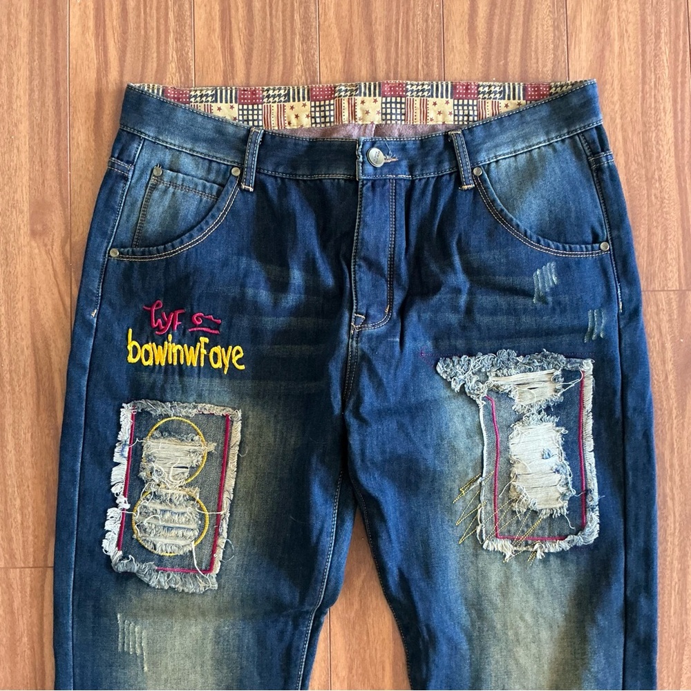 Men's Patchwork Jeans - Dark Blue